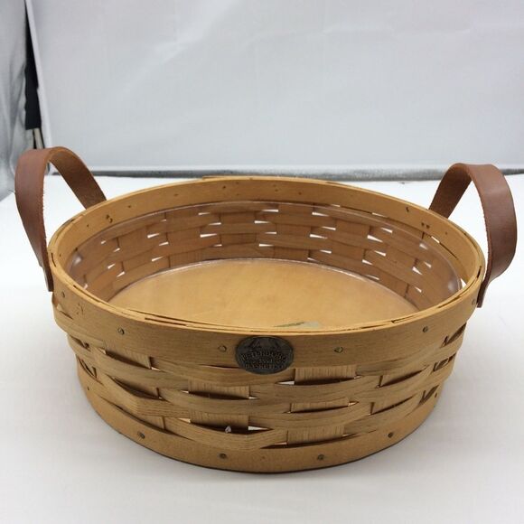 Peterboro Woven Wooden Round Basket w/Leather Handles Plastic Insert for Serving - Picture 7 of 12